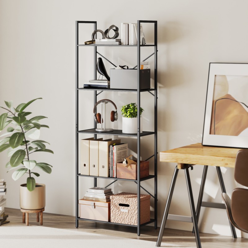 Metallinen kirjahylly 5 tasoa, avoin säilytyshylly olohuoneeseen ja työhuoneeseen, 60 x 30 x 170,5 cm, musta