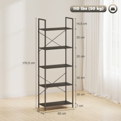 Metallinen kirjahylly 5 tasoa, avoin säilytyshylly olohuoneeseen ja työhuoneeseen, 60 x 30 x 170,5 cm, musta
