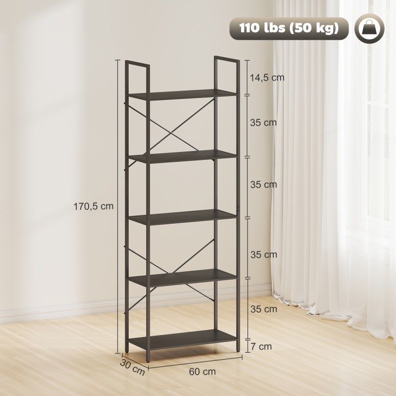 Metallinen kirjahylly 5 tasoa, avoin säilytyshylly olohuoneeseen ja työhuoneeseen, 60 x 30 x 170,5 cm, musta