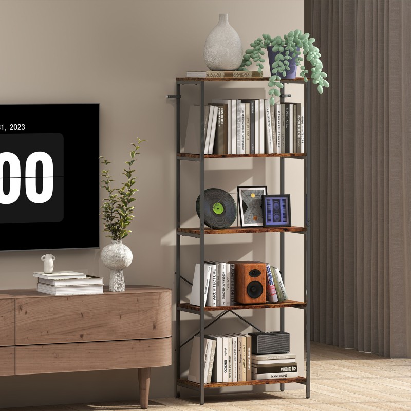 Kirjahylly 5 tasoa metalli ja MDF 79x35x161 cm rustiikin ruskea