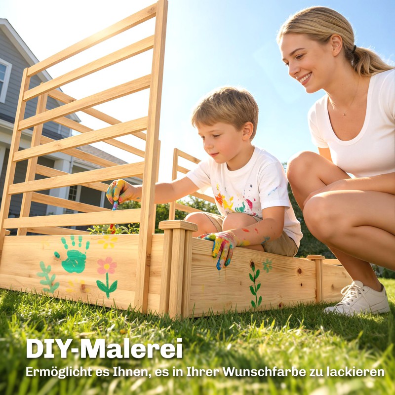 Puinen viljelylaatikko ritilällä, 2 laatikkoa ja 3 köynnösritilää, avoin pohja, 240 x 125 x 102 cm, luonnonpuu