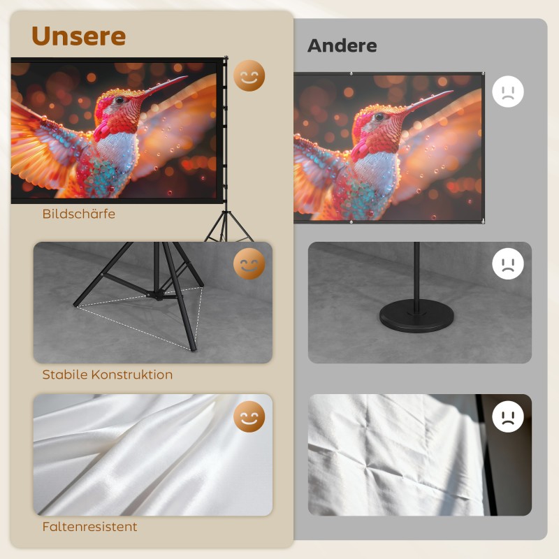 Projektorin valkokangas telineellä 100" 16:9, kaksipuolinen 4K/8K, valkoinen/musta