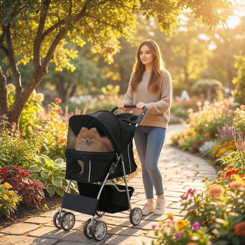 Koiranrattaat pienille koirille, teräsrunko ja polyesteri, taittuvat, max 10 kg, 77x44x102 cm, musta