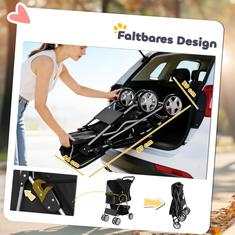 Koiranrattaat pienille koirille, teräsrunko ja polyesteri, taittuvat, max 10 kg, 77x44x102 cm, musta