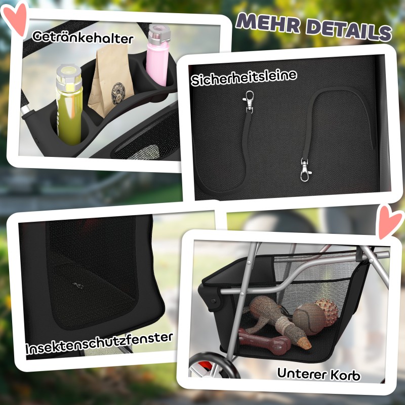 Koiranrattaat pienille koirille, teräsrunko ja polyesteri, taittuvat, max 10 kg, 77x44x102 cm, musta