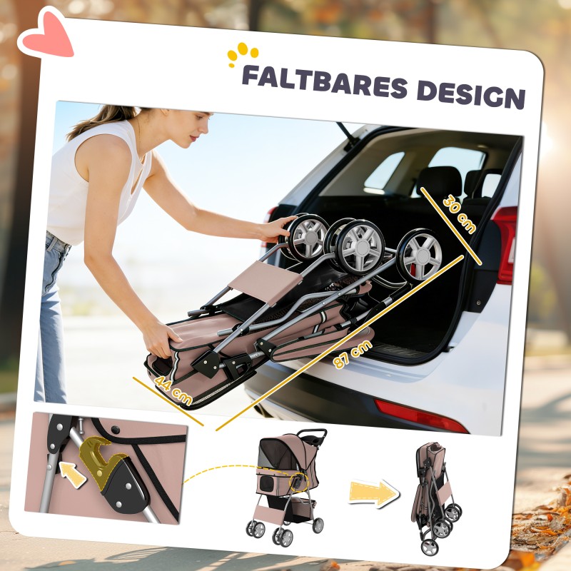 Koiranrattaat pienille koirille, taittuvat, teräsrunko, 77 x 44 x 102 cm, enint. 10 kg, kahvi