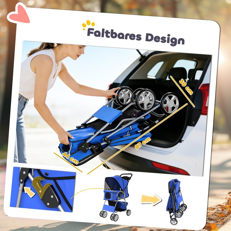 Lemmikkiratas koirille ja kissoille, teräsrunko, enintään 10 kg, kokoontaitettava, sininen