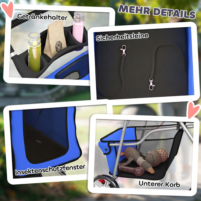 Lemmikkiratas koirille ja kissoille, teräsrunko, enintään 10 kg, kokoontaitettava, sininen