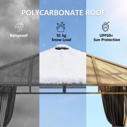 Puutarhapaviljonki metalli 3 x 3 m polykarbonaattikatolla 4 sivuverhoa tummanharmaa