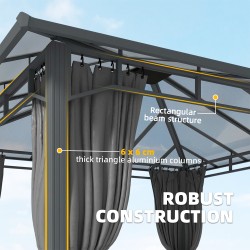 Puutarhapaviljonki metalli 3 x 3 m polykarbonaattikatolla 4 sivuverhoa tummanharmaa