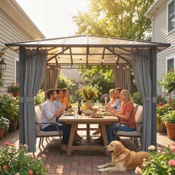 Puutarhapaviljonki metalli 3 x 3 m polykarbonaattikatolla 4 sivuverhoa tummanharmaa