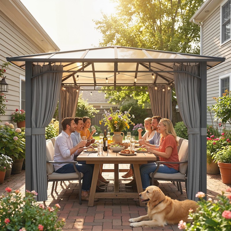 Puutarhapaviljonki metalli 3 x 3 m polykarbonaattikatolla 4 sivuverhoa tummanharmaa