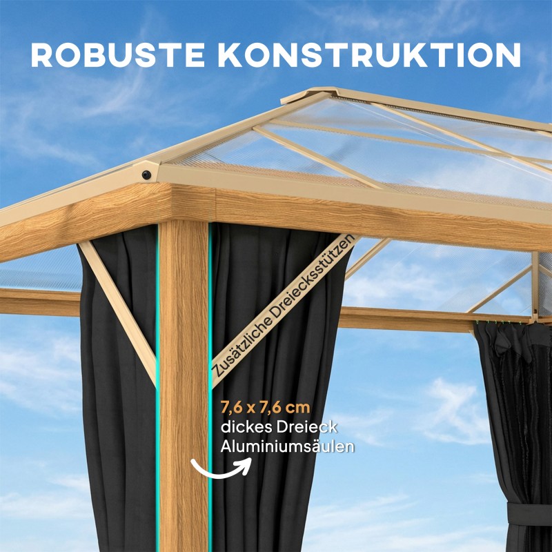 Puutarhapaviljonki kovakatto alumiini 4x3 m polykarbonaattikatto moskiittoverkko verhot luonnonpuun sävy