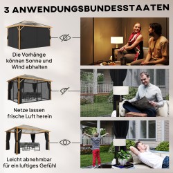 Puutarhapaviljonki kovakatto alumiini 4x3 m polykarbonaattikatto moskiittoverkko verhot luonnonpuun sävy