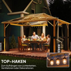 Puutarhapaviljonki kovakatto alumiini 4x3 m polykarbonaattikatto moskiittoverkko verhot luonnonpuun sävy