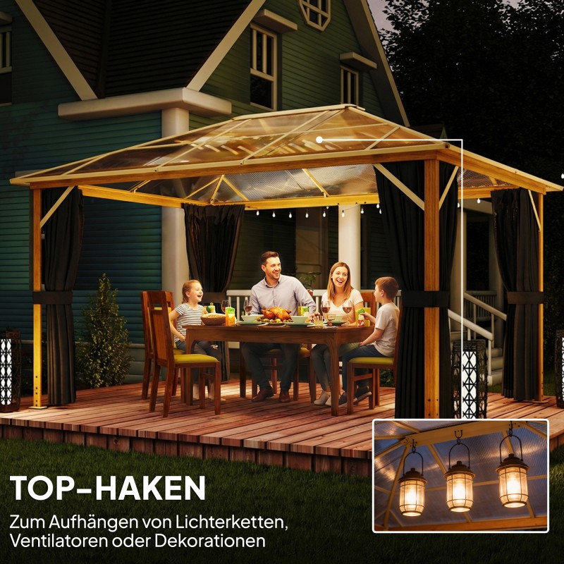 Puutarhapaviljonki kovakatto alumiini 4x3 m polykarbonaattikatto moskiittoverkko verhot luonnonpuun sävy