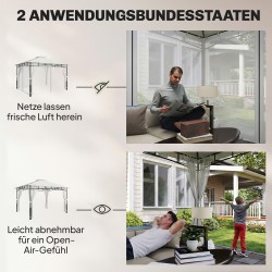 Pihapaviljonki terassille 3 x 3,6 m, metallirunko, hyttysverkot, vedenpitävä katos, musta/kerma