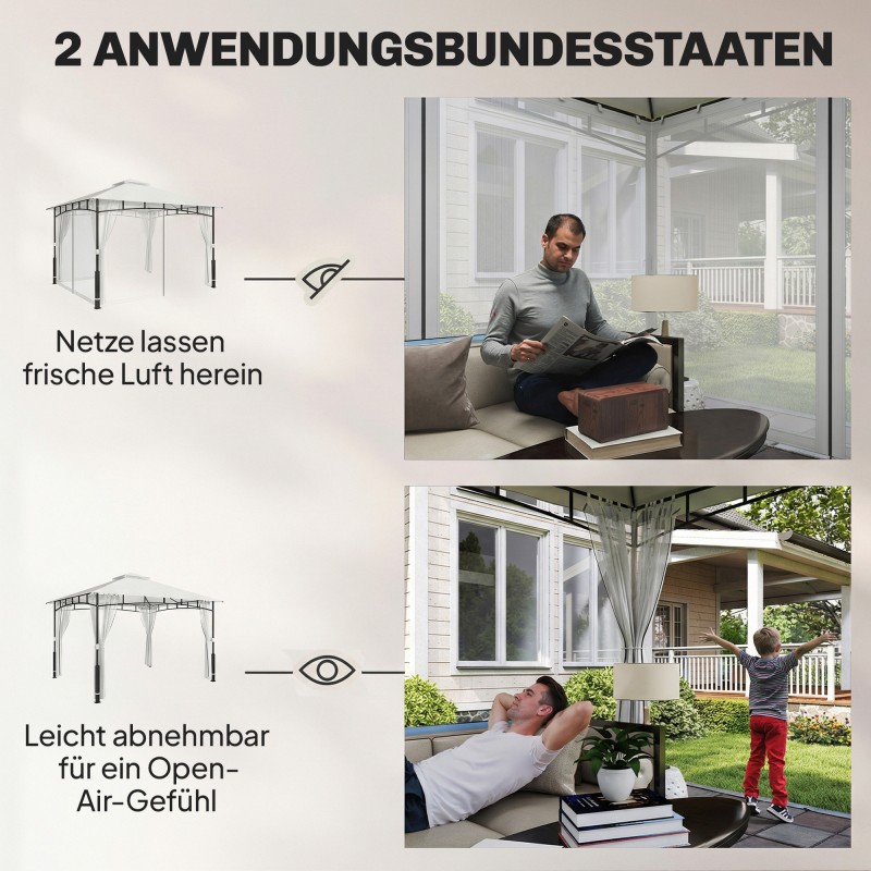 Pihapaviljonki terassille 3 x 3,6 m, metallirunko, hyttysverkot, vedenpitävä katos, musta/kerma