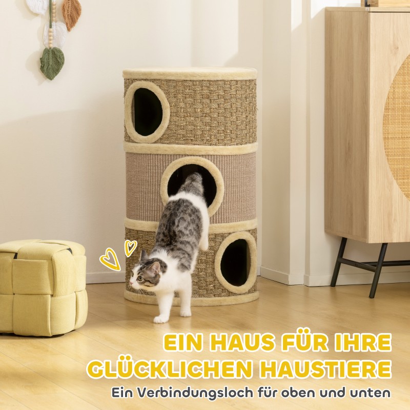 Raapimispiippu kissoille, 3-tasoinen sisal- ja merileväköysi, 79 cm, Ø45 cm, khaki/kahvinruskea