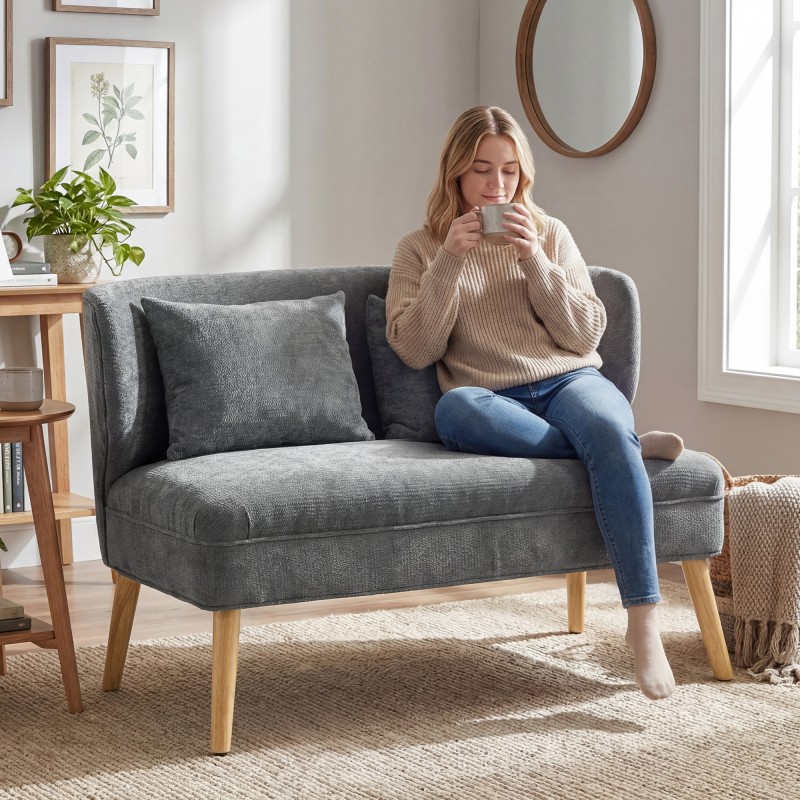 2 hengen sohva pieniin tiloihin, chenille-verhoilu, puujalat, 117 cm, harmaa