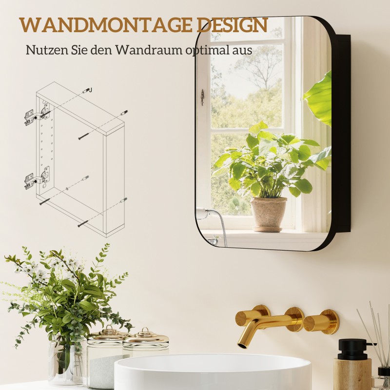 Kylpyhuoneen peilikaappi seinään, lastulevy ja lasi, säädettävät hyllyt, 40 x 10 x 51 cm, musta
