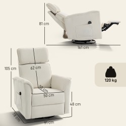 Sähkökäyttöinen lepotuoli keinutoiminnolla ja kallistuksella, chenille-verhoilu, kermanvalkoinen