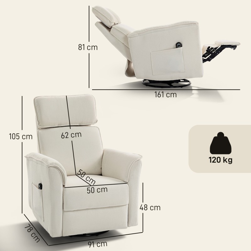 Sähkökäyttöinen lepotuoli keinutoiminnolla ja kallistuksella, chenille-verhoilu, kermanvalkoinen