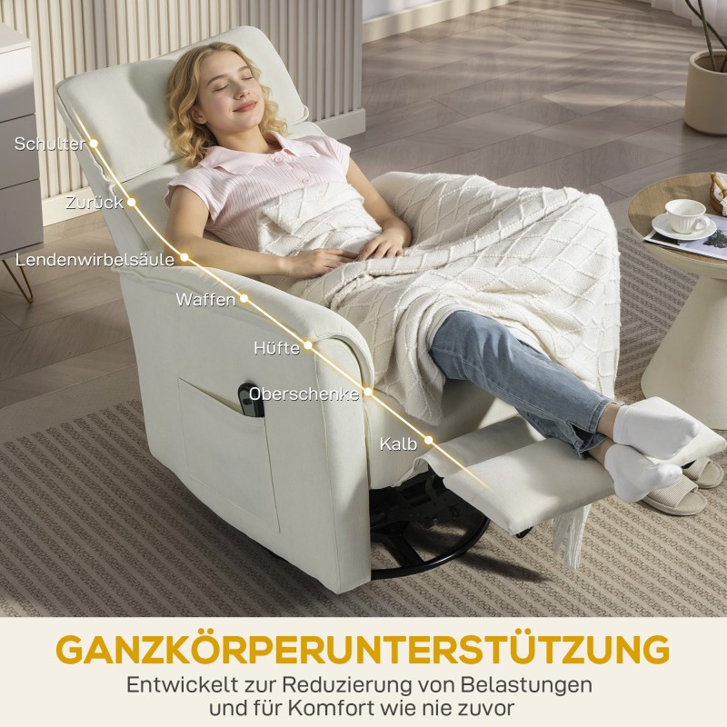 Sähkökäyttöinen lepotuoli keinutoiminnolla ja kallistuksella, chenille-verhoilu, kermanvalkoinen