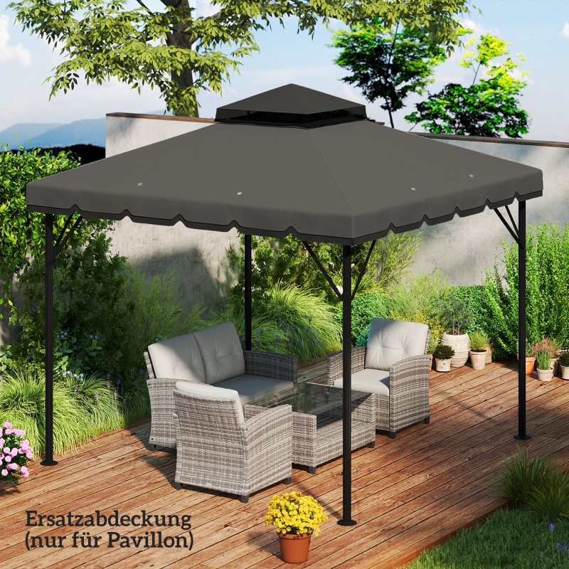 Paviljongin vaihtokatos 3x3 m, vettä hylkivä kaksitasoinen polyesterikatto, vaaleanharmaa–tummanharmaa