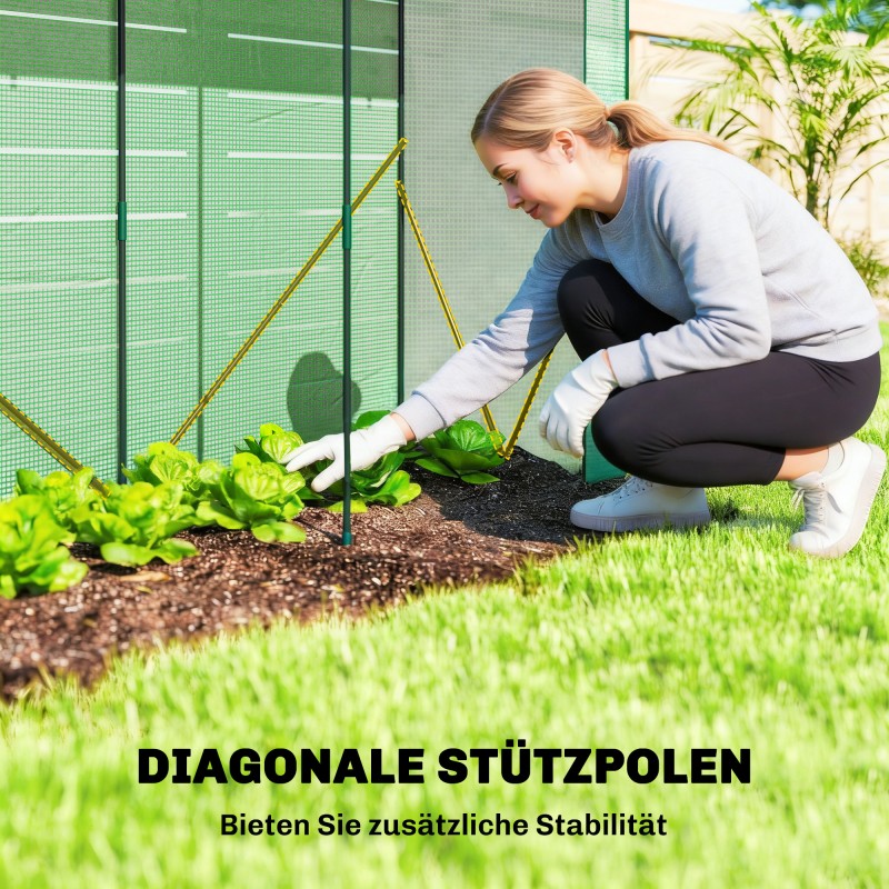 Kasviteltta teräsrungolla 200 x 75 x 188 cm, rullattava ovi ja verkkoikkunat, vihreä