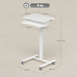Korkeussäädettävä seisomatyöpöytä pyörillä ja näppäimistötasolla, teräsrunko, 65 cm, valkoinen