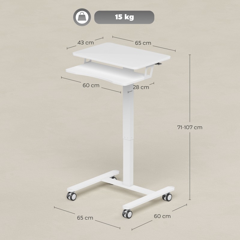 Korkeussäädettävä seisomatyöpöytä pyörillä ja näppäimistötasolla, teräsrunko, 65 cm, valkoinen