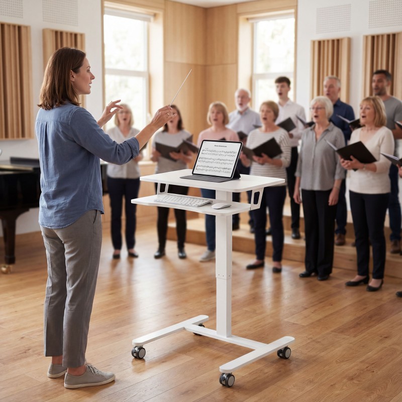 Korkeussäädettävä seisomatyöpöytä pyörillä ja näppäimistötasolla, teräsrunko, 65 cm, valkoinen