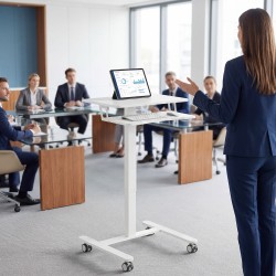 Korkeussäädettävä seisomatyöpöytä pyörillä ja näppäimistötasolla, teräsrunko, 65 cm, valkoinen