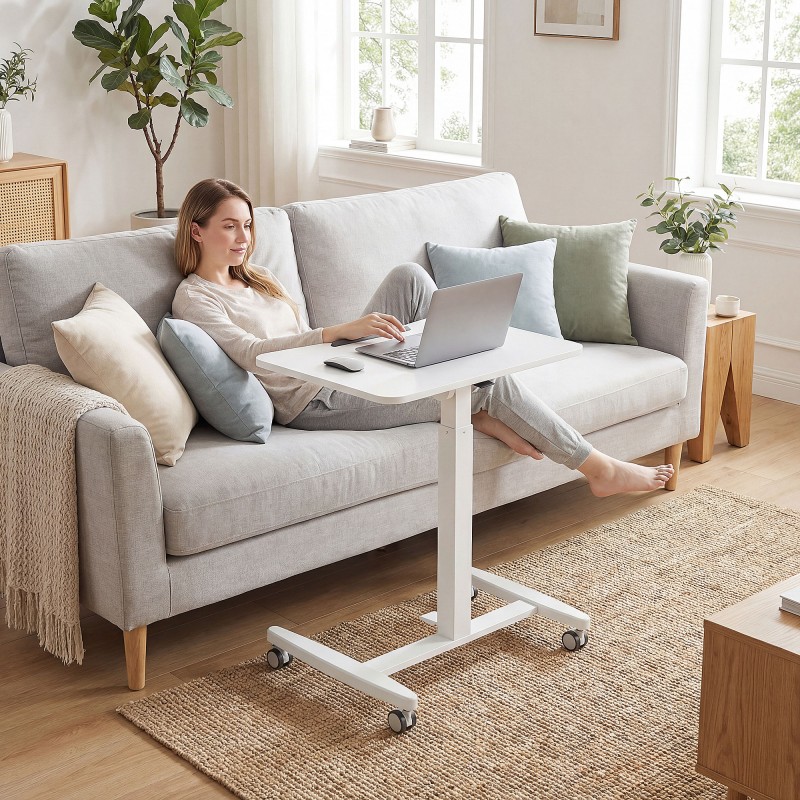 Korkeussäädettävä seisomapöytä pyörillä, kallistettava pöytälevy 60,5 x 52 cm, valkoinen