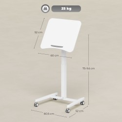 Korkeussäädettävä seisomapöytä pyörillä, kallistettava pöytälevy 60,5 x 52 cm, valkoinen