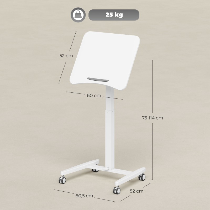 Korkeussäädettävä seisomapöytä pyörillä, kallistettava pöytälevy 60,5 x 52 cm, valkoinen