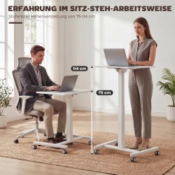 Korkeussäädettävä seisomapöytä pyörillä, kallistettava pöytälevy 60,5 x 52 cm, valkoinen