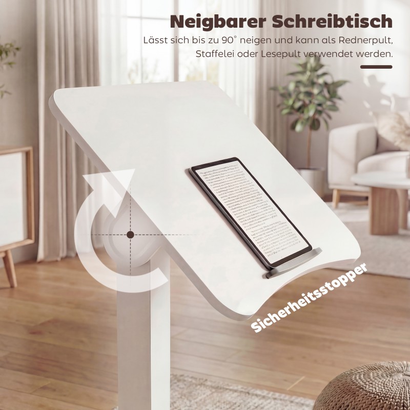 Korkeussäädettävä seisomapöytä pyörillä, kallistettava pöytälevy 60,5 x 52 cm, valkoinen