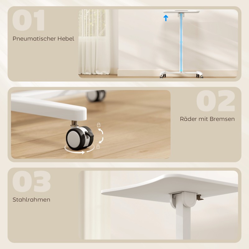 Korkeussäädettävä seisomapöytä pyörillä, kallistettava pöytälevy 60,5 x 52 cm, valkoinen