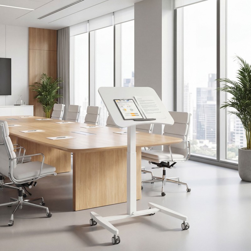 Korkeussäädettävä seisomapöytä pyörillä, kallistettava pöytälevy 60,5 x 52 cm, valkoinen