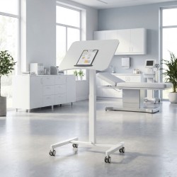 Korkeussäädettävä seisomapöytä pyörillä, kallistettava pöytälevy 60,5 x 52 cm, valkoinen