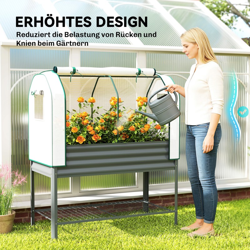 Metallinen korotettu kasvatuslaatikko kasvihuonekatoksella ja hyllyllä 120 x 55 x 140 cm tummanharmaa