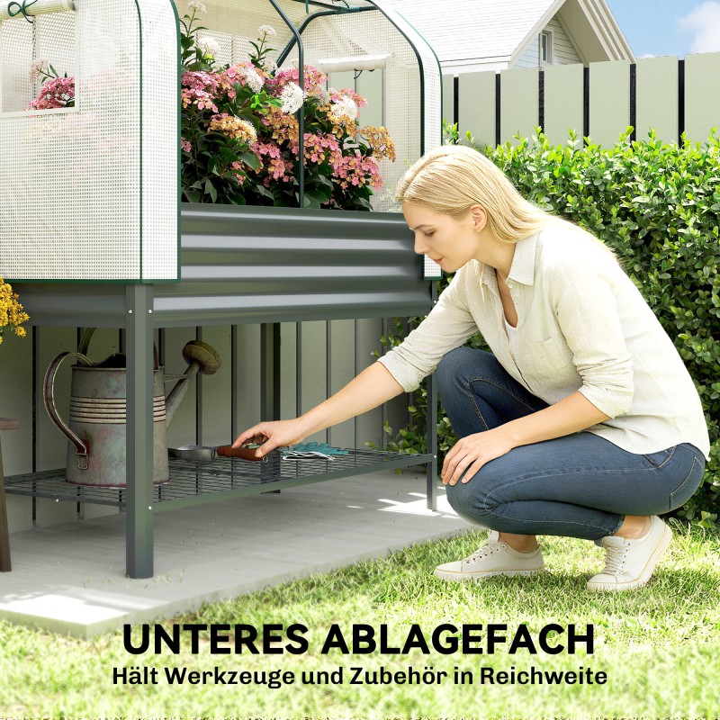 Metallinen korotettu kasvatuslaatikko kasvihuonekatoksella ja hyllyllä 120 x 55 x 140 cm tummanharmaa