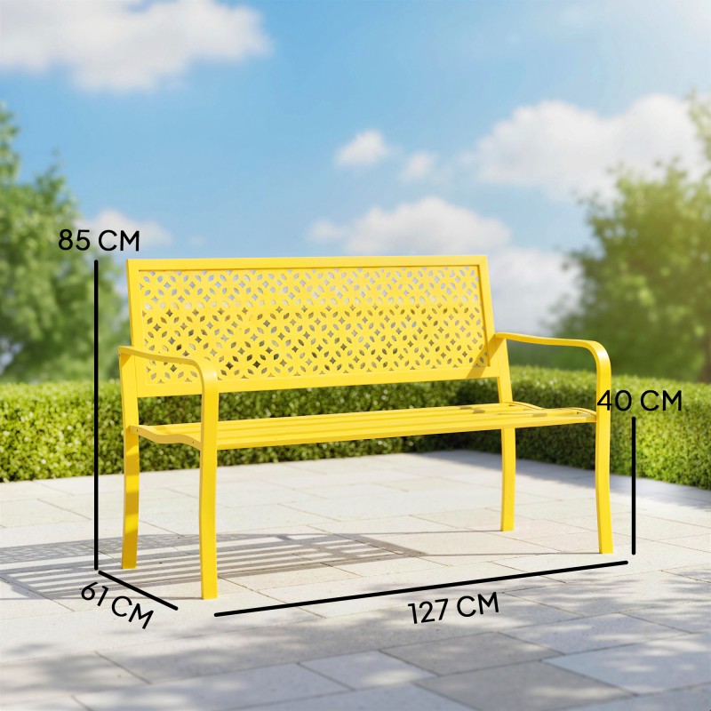 Puutarhapenkki 2-hengen metallinen ulkopenkki 127x61x85 cm, keltainen, kantavuus 240 kg