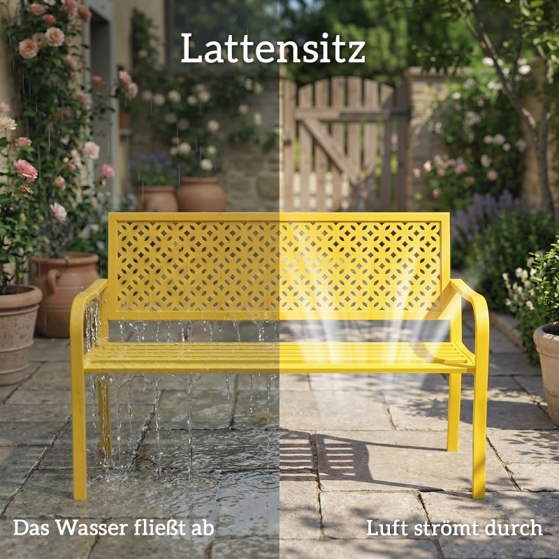 Puutarhapenkki 2-hengen metallinen ulkopenkki 127x61x85 cm, keltainen, kantavuus 240 kg