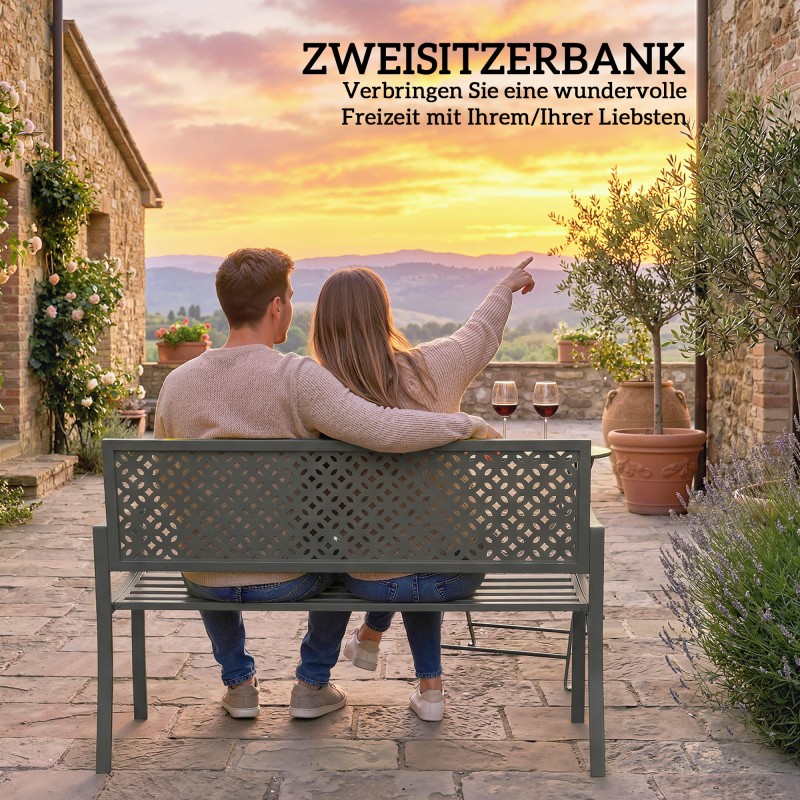 Puutarhapenkki 2-hengen metallinen ulkokäyttöön 127x61x85 cm tummanharmaa, kantavuus 240 kg