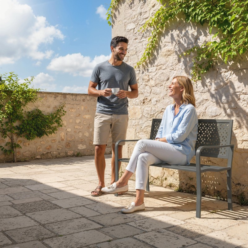 Puutarhapenkki 2-hengen metallinen ulkokäyttöön 127x61x85 cm tummanharmaa, kantavuus 240 kg