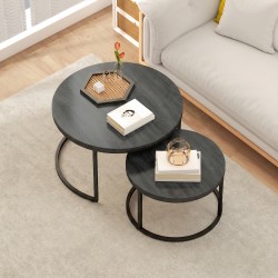 Sohvapöytäsarja 2 kpl, pyöreät pinottavat sohvapöydät, metalli ja MDF, musta
