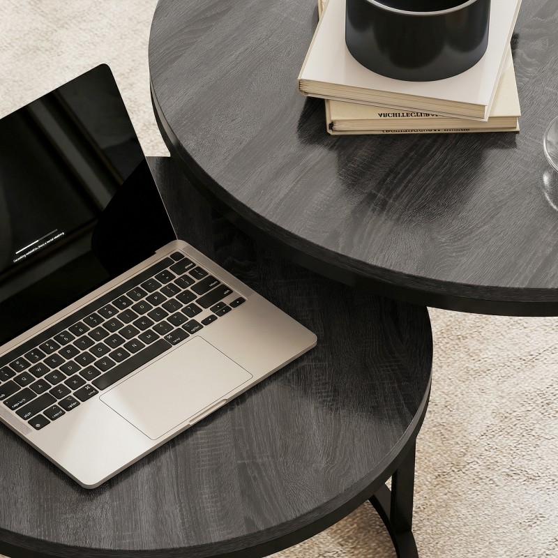 Sohvapöytäsarja 2 kpl, pyöreät pinottavat sohvapöydät, metalli ja MDF, musta